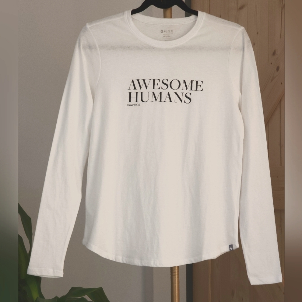 FIGS "Awesome Humans" size XS white long sleeve crew. 100% cotton, super soft